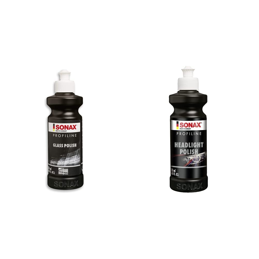 SONAX PROFILINE GlassPolish (250 ml) zum Entfernen von leichten Verkratzungen & PROFILINE HeadlightPolish (250 ml) spezielle Schleifpaste zur Auffrischung von vergilbten und vermatteten Scheinwerfern von SONAX