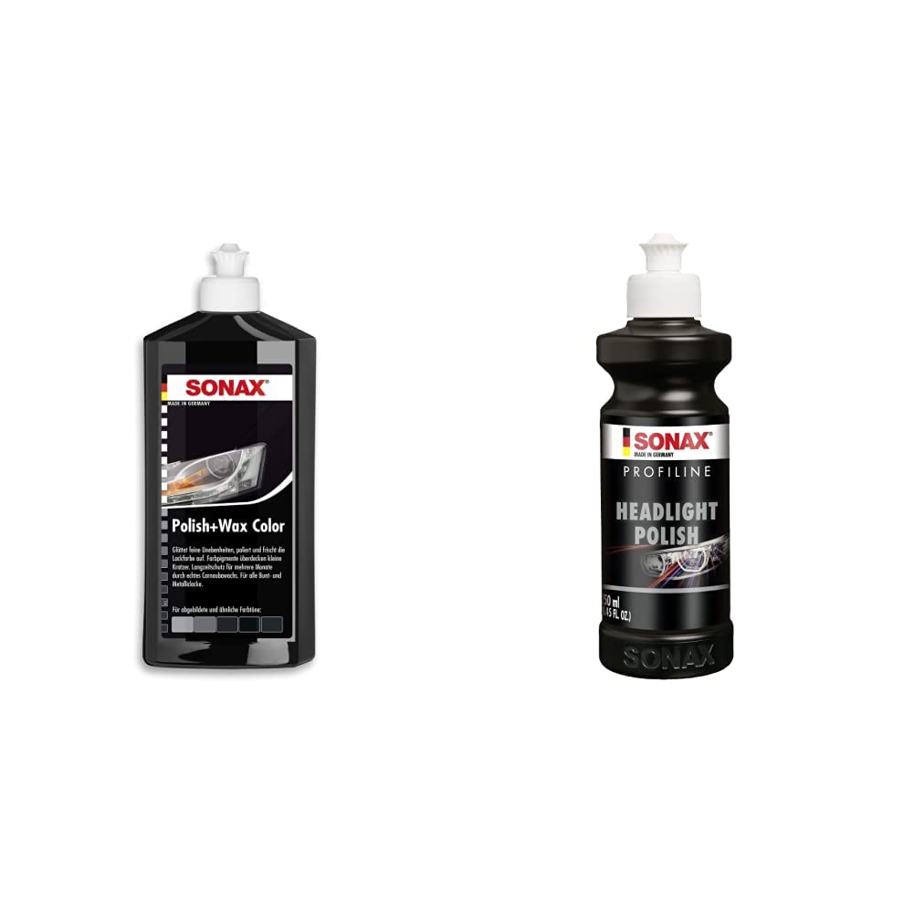 SONAX PROFILINE HeadlightPolish (250mL) spezielle Schleifpaste Art-Nr. 02761410 & Polish+Wax Color schwarz (500 ml) Art-Nr. 02961000 von SONAX
