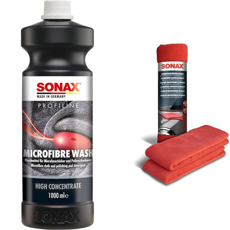 SONAX PROFILINE Microfibre Wash (1 Liter) & MicrofaserTücher Außen (2 Stück) der Lackpflegeprofi, hochwertig und flauschig, zum Entfernen von Polierrückständen | Art-Nr. 04162410 von SONAX