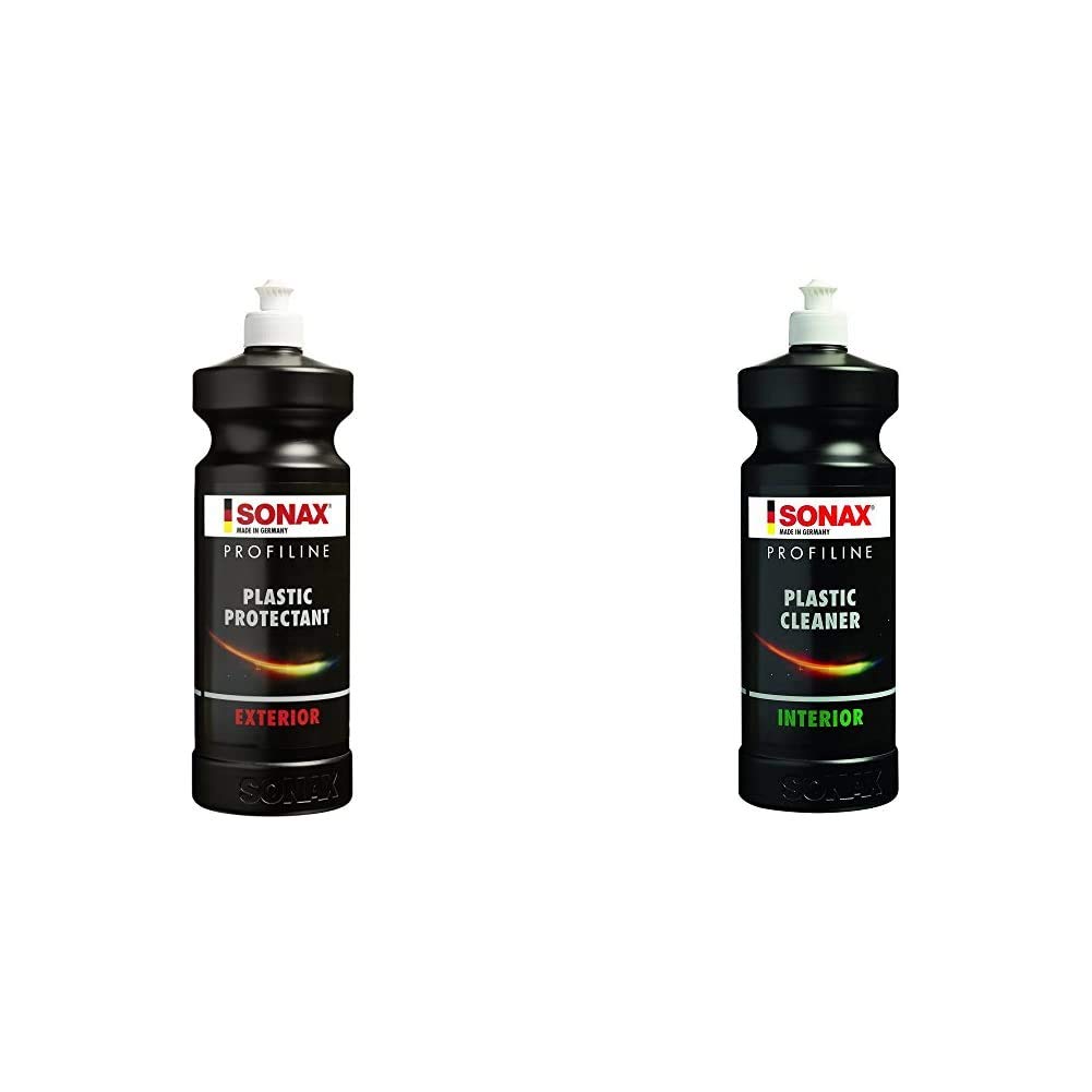 SONAX PROFILINE Plastic Protectant Exterior (1 Liter) Kunststofftiefenpflege für unlackierte Kunststoffteile & PROFILINE Plastic Cleaner Interior (1 Liter) reinigt und pflegt Kunststoffoberflächen von SONAX