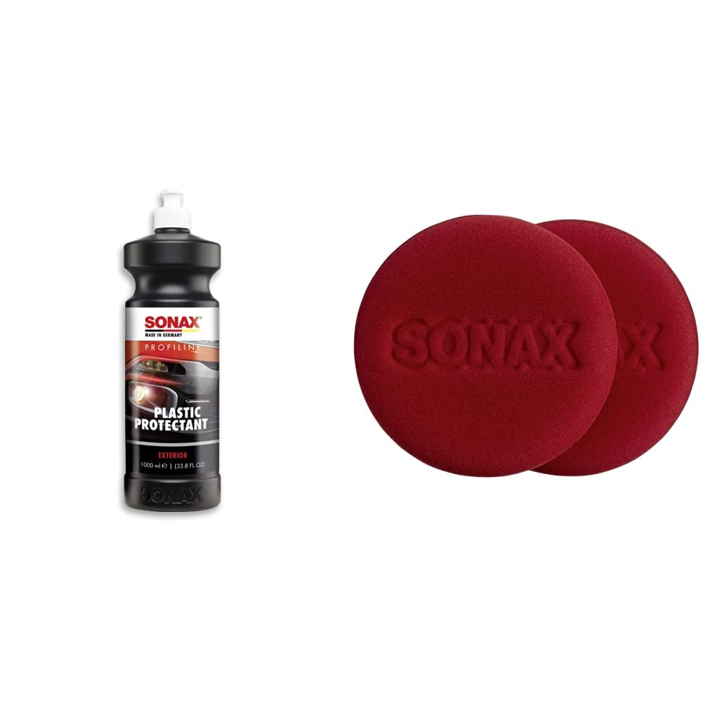 SONAX PROFILINE Plastic Protectant Exterior (1 Liter) & SchwammApplikator Super Soft (2 Stück) zum sanften und oberflächenschonenden Auftragen und Verteilen von Wachsen, Versiegelungen und Lotionen von SONAX