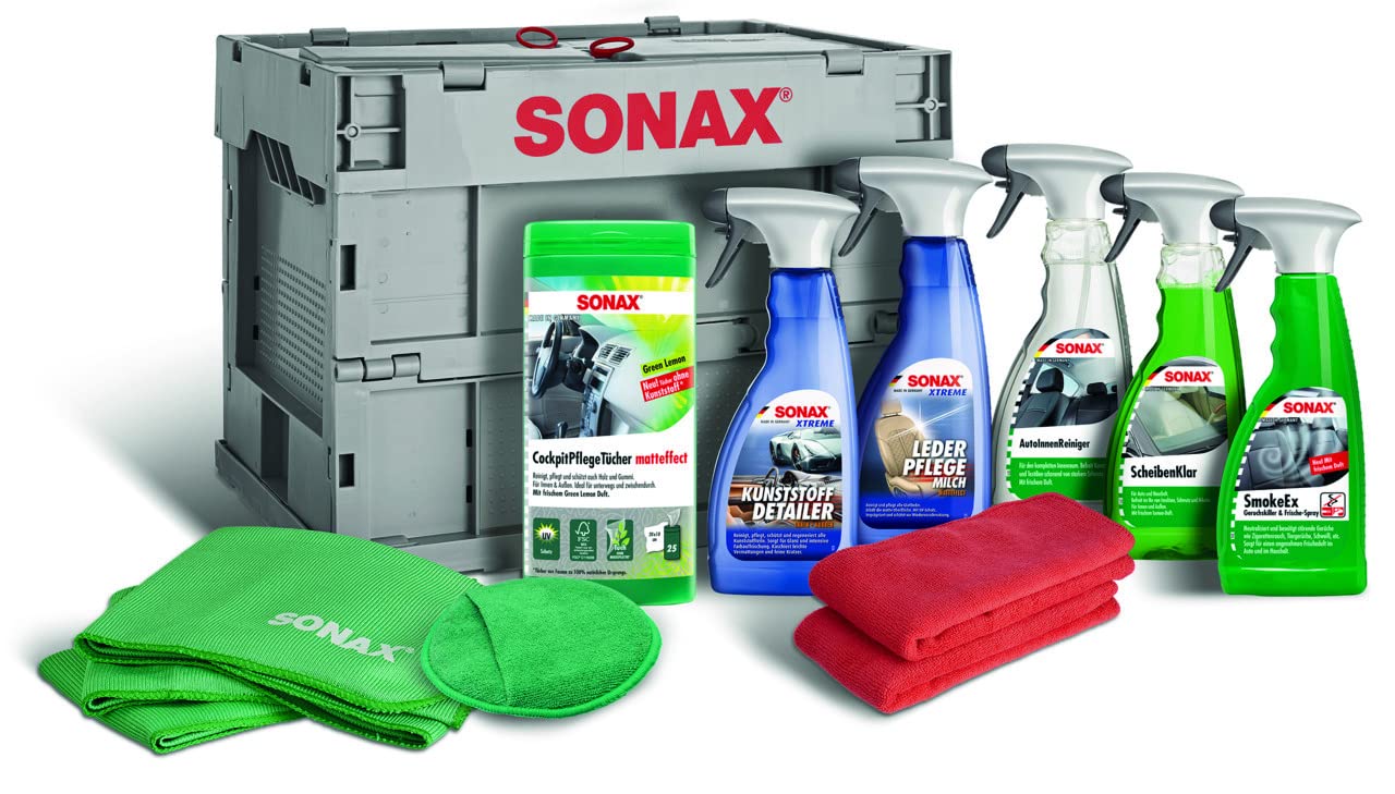 SONAX PflegeBox - Innenraumpflegeset (9-teilig) hochwertige Produkte + Zubehör für die Reinigung & Pflege im Innenraum, ideal für unterwegs | Art-Nr. 07690410 von SONAX