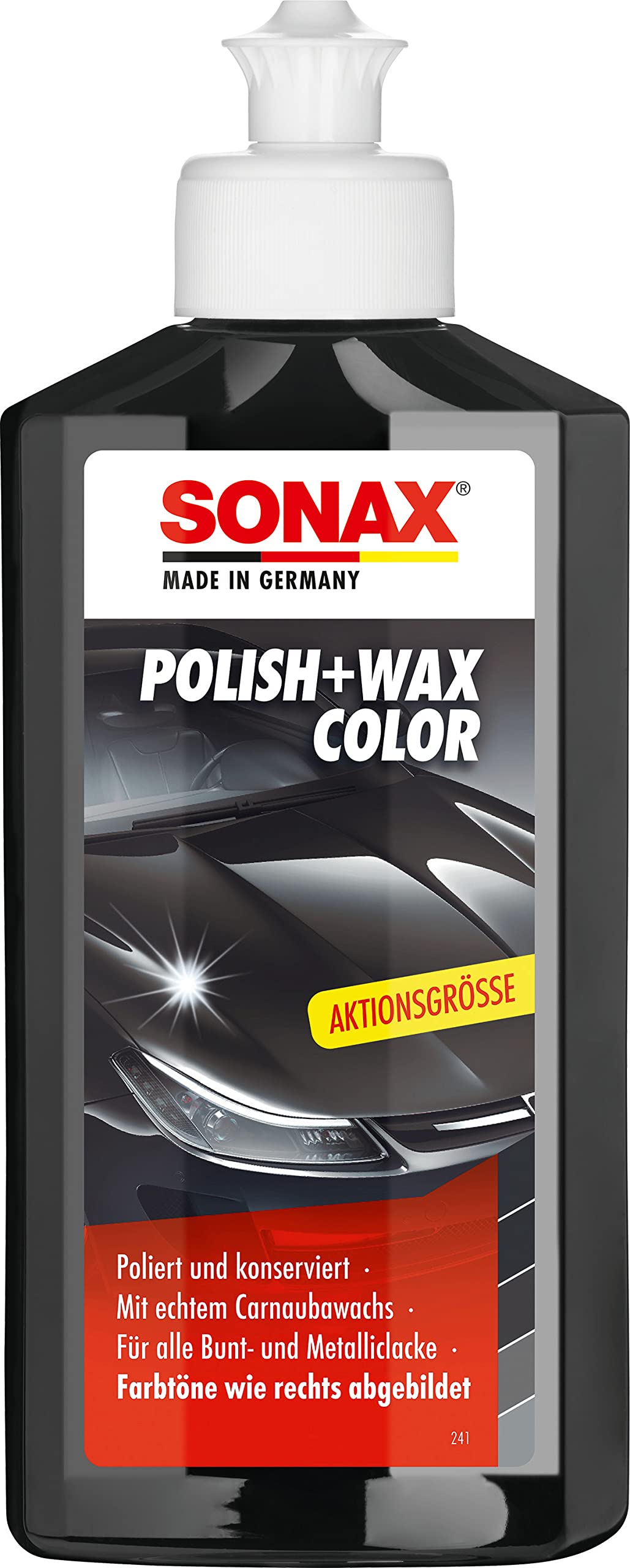 SONAX Polish+Wax Color schwarz (250 ml) Mittelstarke Politur für neuwertige und leicht matte Lacke mit Farbpigmenten und Wachsanteilen | Art-Nr. 02961410 von SONAX