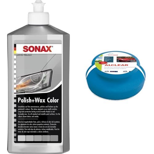 SONAX Polish & Wax Color NanoPro silber/grau (500 ml) Politur mit Farbpigmenten und Wachsanteilen auf Nanotechnologie-Basis & ALCLEAR 5713050M Auto Profi Handpolierschwamm 130 x 50 mm von SONAX
