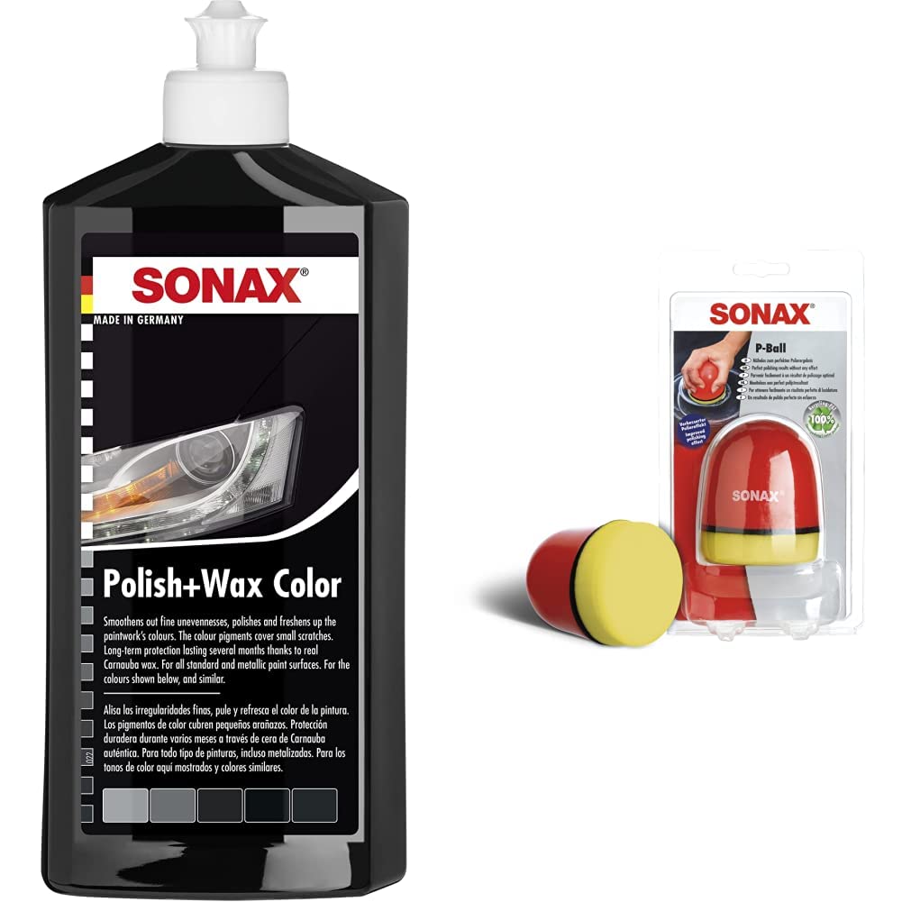 SONAX Polish & Wax Color schwarz (500 ml) Politur mit Farbpigmenten und Wachsanteilen | Art-Nr. 02961000 & P-Ball (1 Stück) mühelos und schnell zum perfekten Polierergebnis | Art-Nr. 04173410 von SONAX