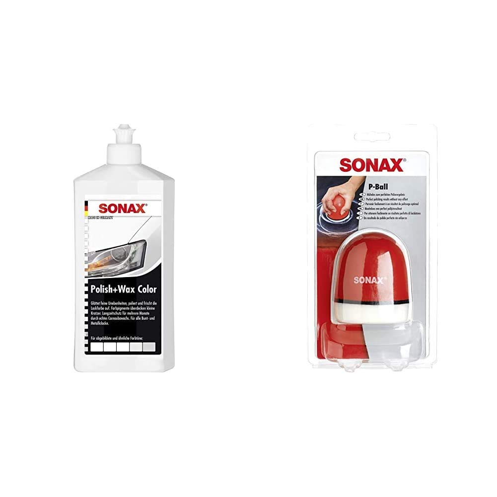 SONAX Polish & Wax Color weiß (500 ml) Politur mit Farbpigmenten und Wachsanteilen | Art-Nr. 02960000 & P-Ball (1 Stück) mühelos und schnell zum perfekten Polierergebnis | Art-Nr. 04173410 von SONAX