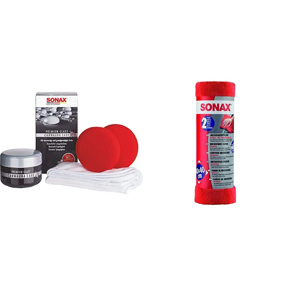SONAX PremiumClass Carnauba Care (200 ml) inkl. 2x Schwamm und 1x MicrofaserTuch, Hartwachs für alle neuen und grundgereinigten Lacke & MicrofaserTücher Außen - der Lackpflegeprofi (2 Stück) von SONAX
