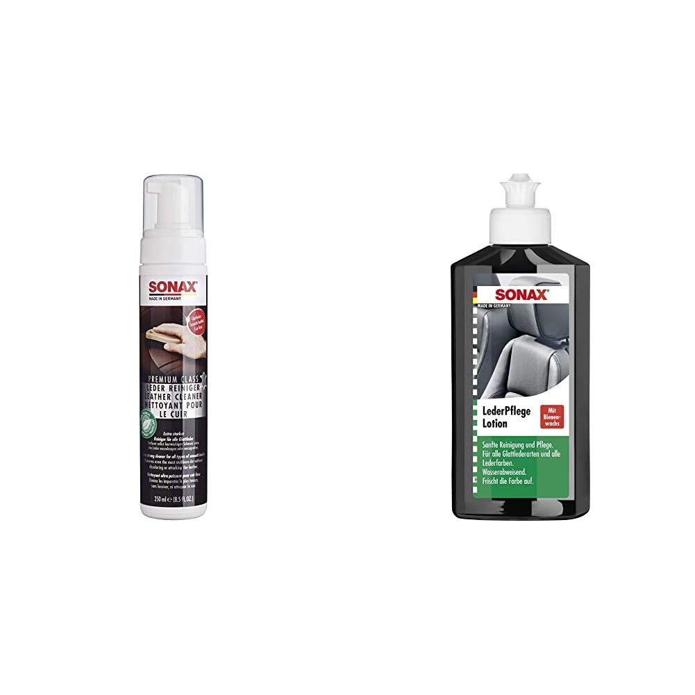 SONAX PremiumClass LederReiniger (250 ml) effektive und schnelle Reinigung für Glattleder ohne anzugreifen | Art-Nr. 02811410 & 291141 Leder-Pflege-Lotion, 250 ml von SONAX