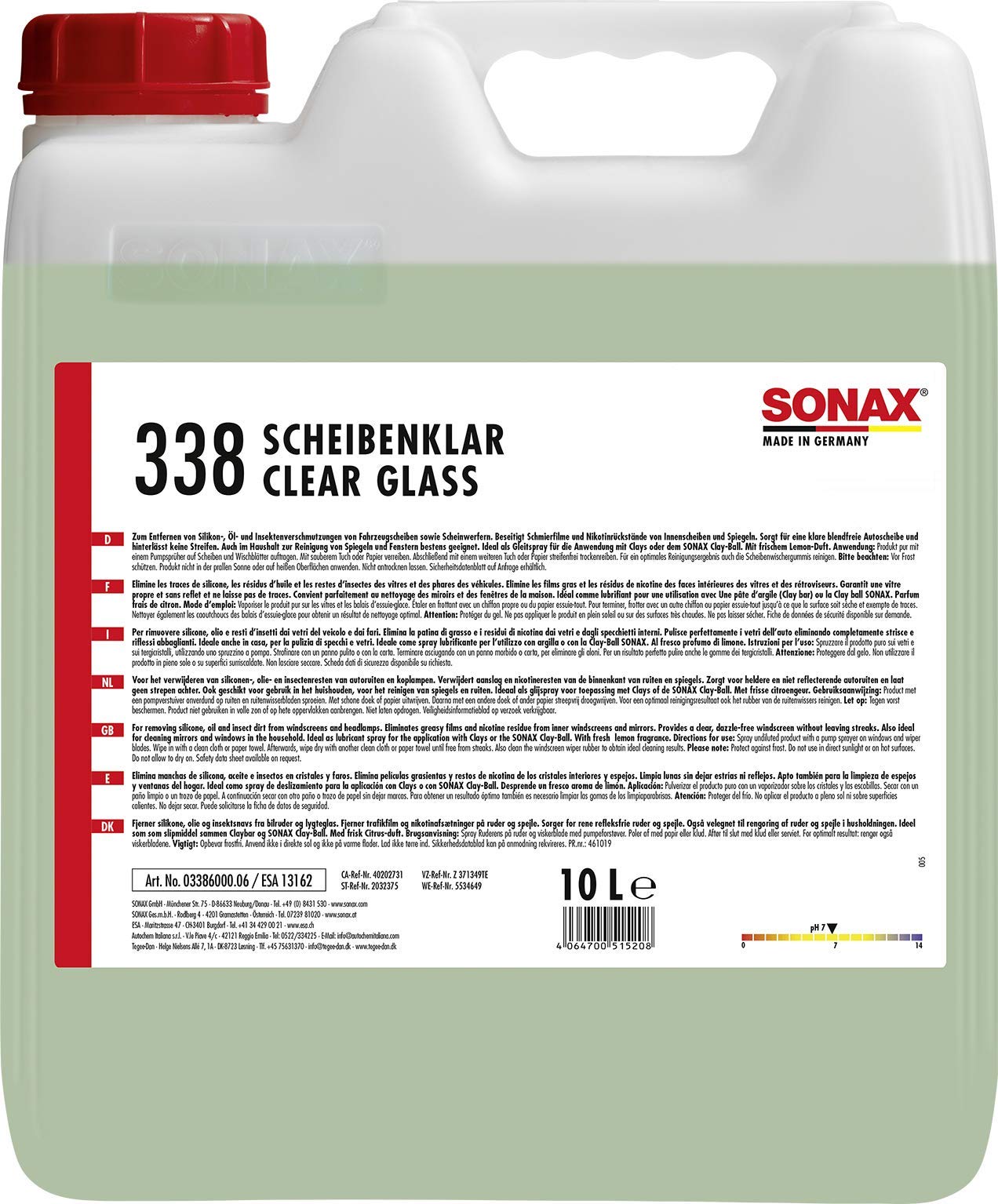 SONAX ScheibenKlar (10 Liter) Scheibenreiniger zum Entfernen von Silikon-, Öl- und Insektenverschmutzungen von Fahrzeugscheiben und Scheinwerfern | Art-Nr. 03386000 von SONAX