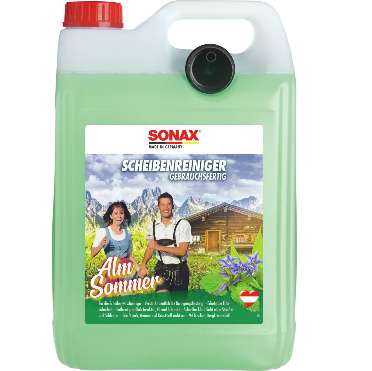 SONAX ScheibenReiniger gebrauchsfertig AlmSommer (5 Liter) trendiger Reiniger mit einzigartigem Bergkräuterduft, für die Scheibenwaschanlage im Sommer | Art-Nr. 03225000 von SONAX