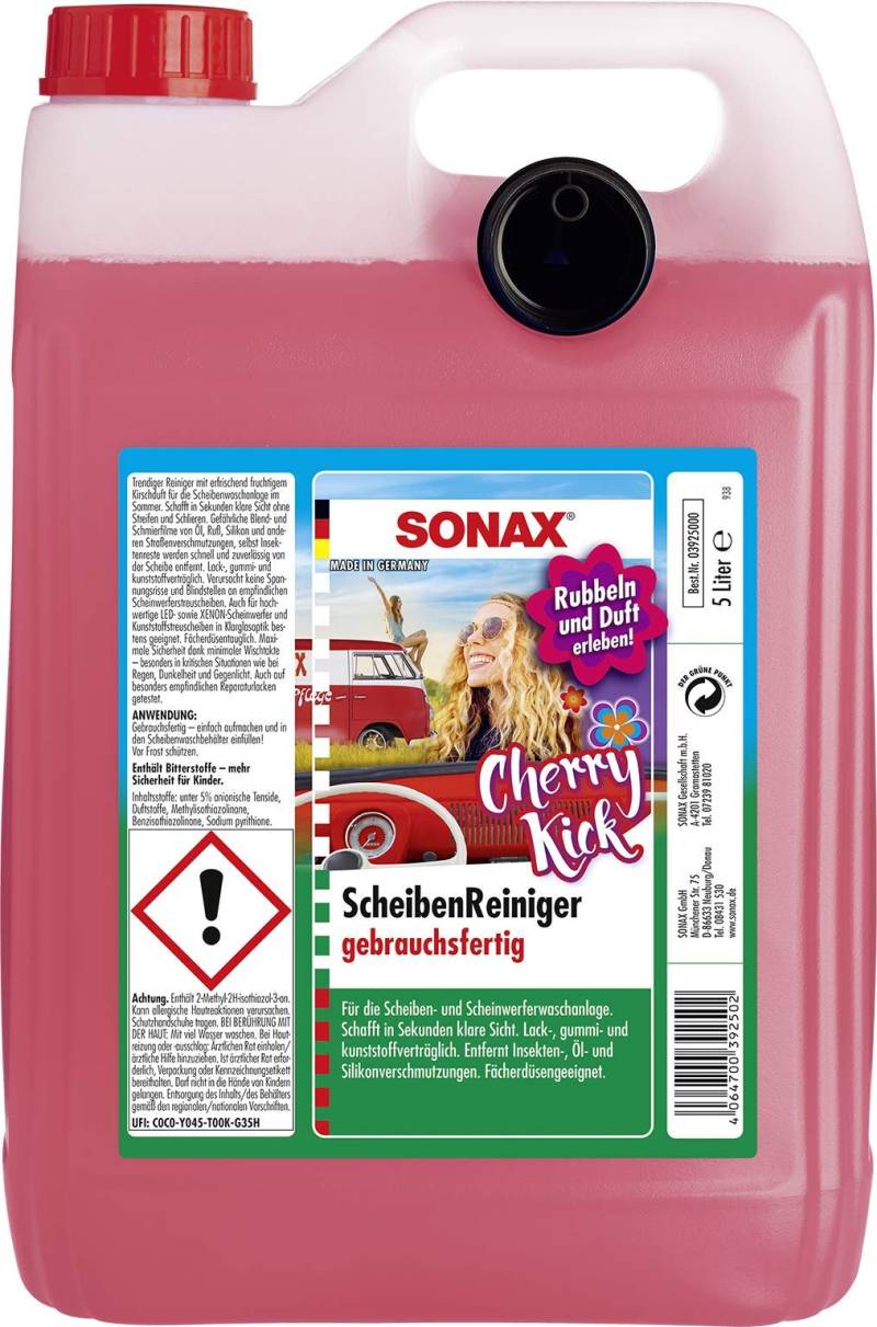 SONAX ScheibenReiniger gebrauchsfertig Cherry Kick (5 Liter) sekundenschnell klare Sicht ohne Streifen und Schlieren | Art-Nr. 03925000 von SONAX