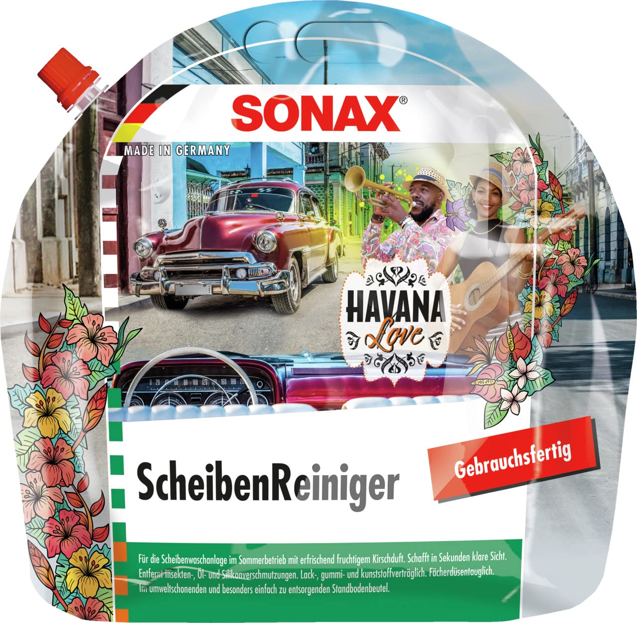 SONAX ScheibenReiniger gebrauchsfertig Havana Love (3 Liter) für die Scheiben- und Scheinwerferwaschanlage im Sommer | Art-Nr. 03934410 von SONAX
