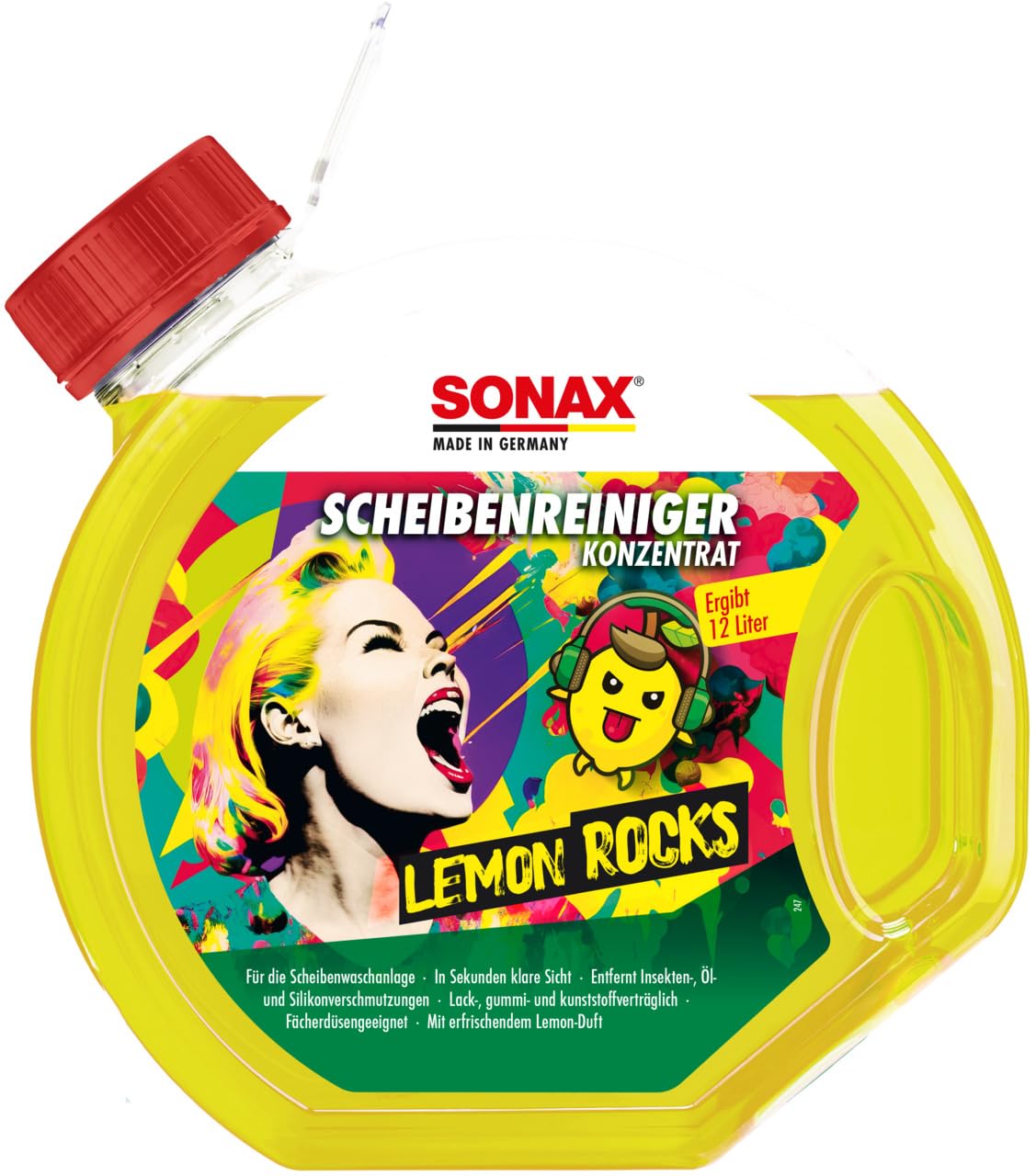 SONAX ScheibenReiniger gebrauchsfertig Lemon Rocks (3 Liter) entfernt Insekten-, Öl-, Silikon- und typische Straßenverschmutzungen | Art-Nr. 01604000 von SONAX