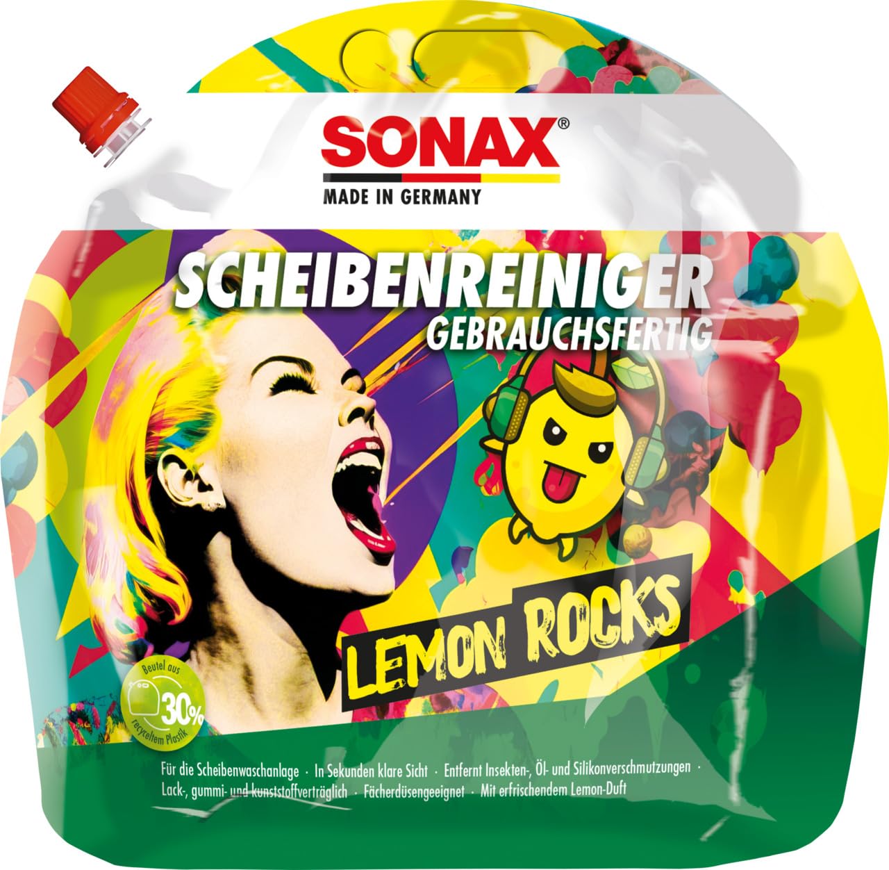 SONAX ScheibenReiniger gebrauchsfertig Lemon Rocks (3 Liter) entfernt Insekten-, Öl-, Silikon- und typische Straßenverschmutzungen | Art-Nr. 01604410 von SONAX
