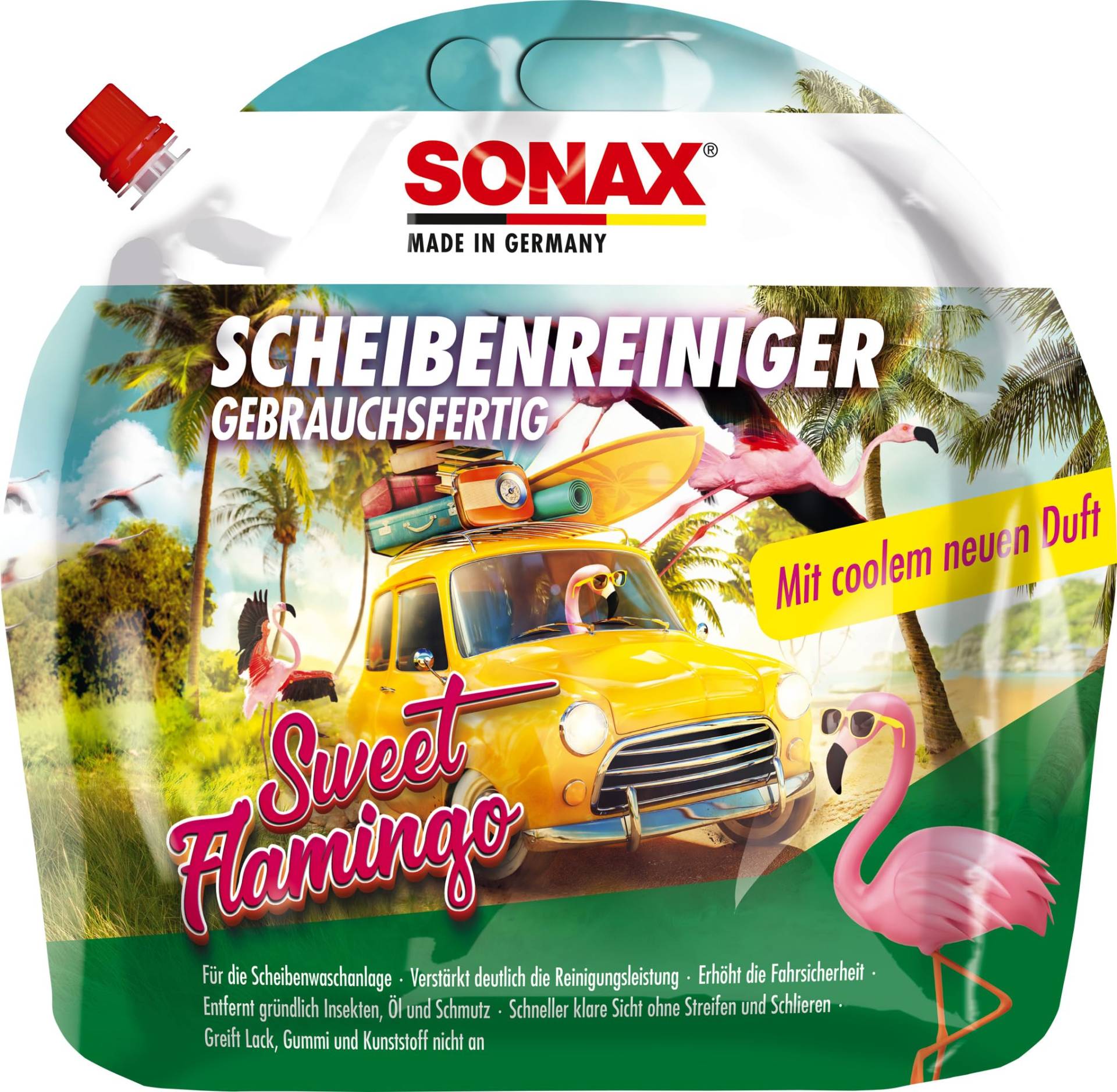 SONAX ScheibenReiniger gebrauchsfertig Sweet Flamingo (3 Liter) verstärkt die Reinigungsleistung und erhöht die Fahrsicherheit, Art-Nr. 03944410 von SONAX