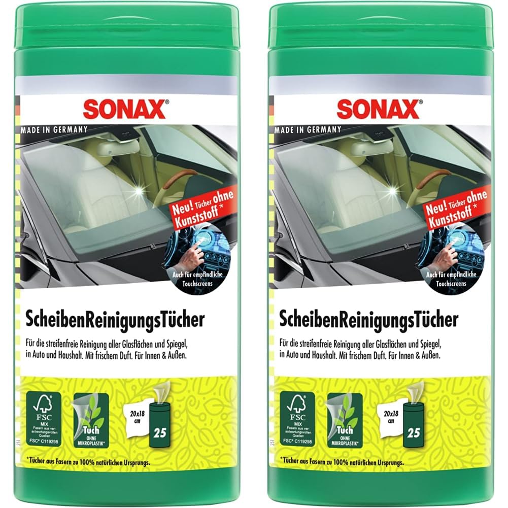 SONAX ScheibenReinigungsTücher Box (25 Stück) zur schnellen, einfachen und streifenfreien Reinigung von Allen Glas- und Spiegelflächen | Art-Nr. 04120000 (Packung mit 2) von SONAX