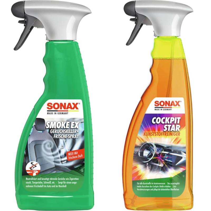 SONAX SmokeEx Geruchskiller + Frische-Spray (500 ml) & CockpitStar (750 ml) Cockpitreiniger reinigt und pflegt alle Kunststoffteile im Auto, antistatisch und staubabweisend/Art-Nr. 02494000 von SONAX