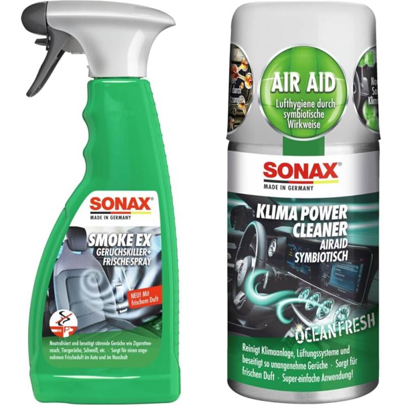 SONAX SmokeEx Geruchskiller + Frische-Spray (500 ml) & KlimaPowerCleaner AirAid symbiotisch Ocean-Fresh (100 ml) von SONAX