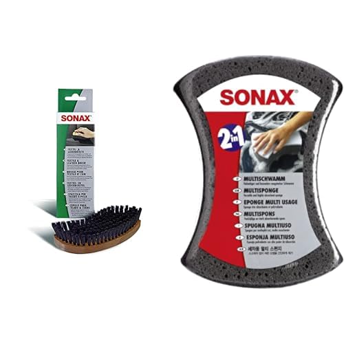 SONAX Textil+LederBürste (1 Stück) Trocken- und Feuchtreinigung von Textilien & MultiSchwamm (1 Stück) besonders saugstarker Alleskönner von SONAX