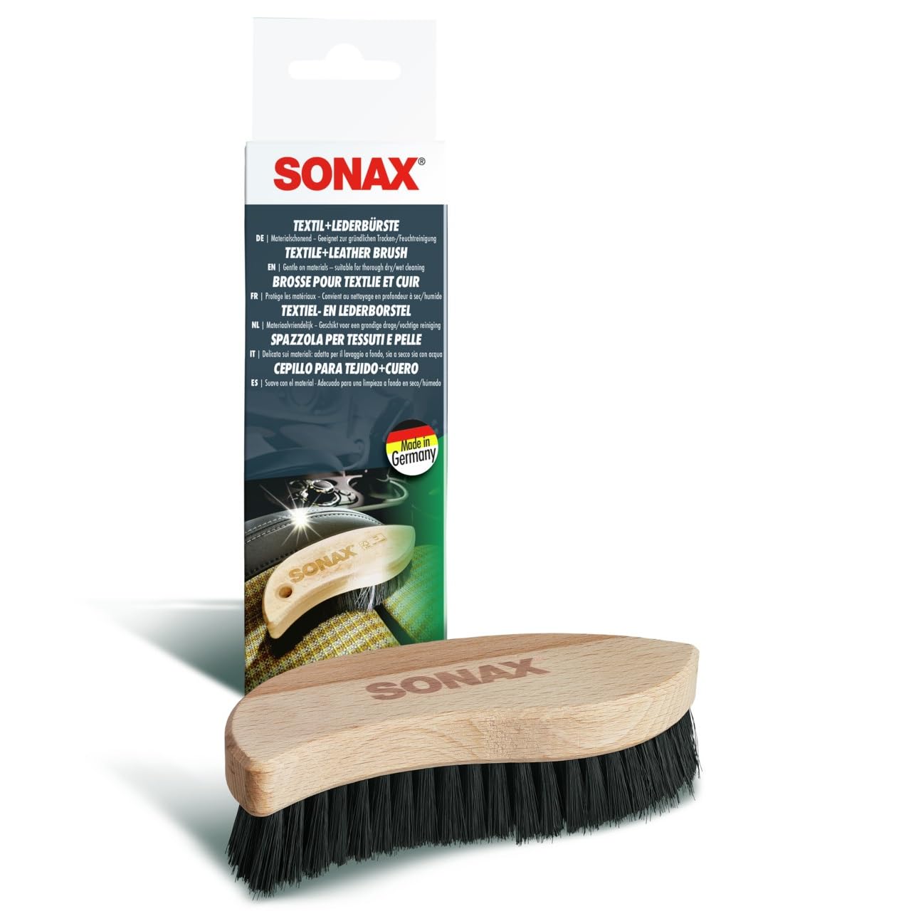 SONAX Textil- & LederBürste (1 Stück) zur Trocken- und Feuchtreinigung von Textilien sowie zur schonenden Reinigung von Glattleder-Oberflächen | Art-Nr. 04167410 von SONAX