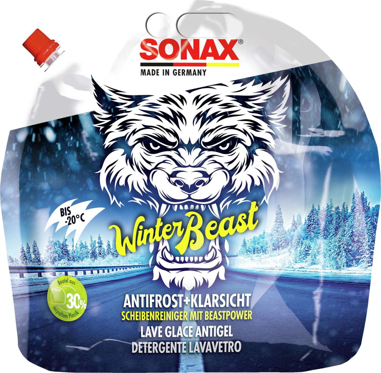SONAX WinterBeast AntiFrost+KlarSicht Gebrauchsfertig bis -20 °C (3 Liter) schneller, schlierenfreier & effektiver Scheibenreiniger für den Winter, Art-Nr. 01354410 von SONAX