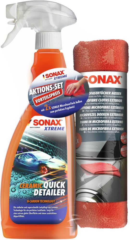 SONAX Xtreme Ceramic QuickDetailer + MicrofaserTücher Außen AktionsSet (750 ml) mit einem Doppelpack hochwertiger MicrofaserTücher | Art-Nr. 02687410 von SONAX