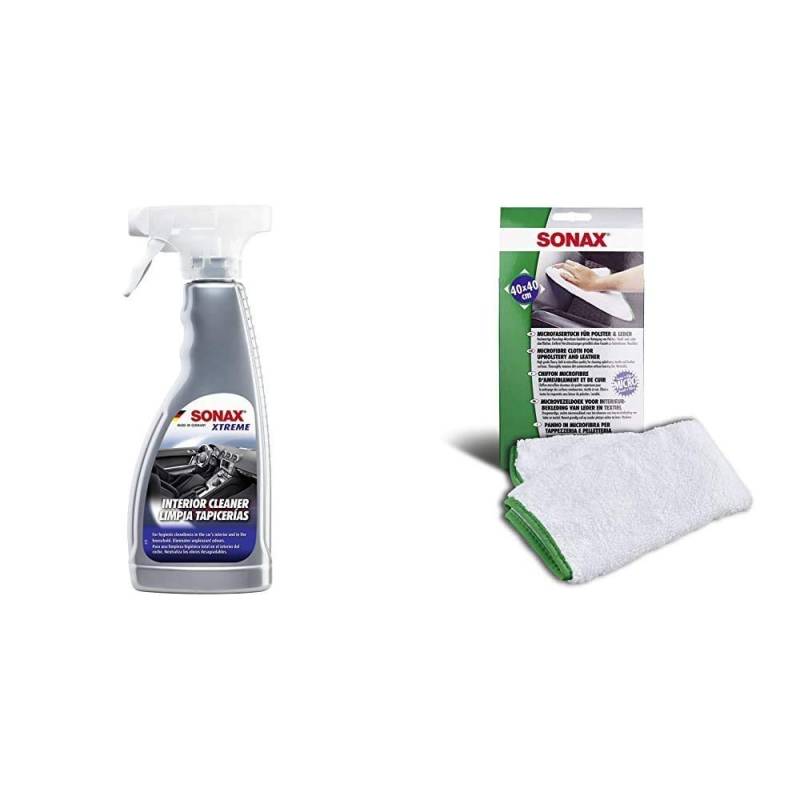 SONAX XTREME AutoInnenReiniger (500 ml) speziell für hygienische Sauberkeit & Microfasertuch für Polster, Textil und Leder zur fusselfreien Fahrzeuginnenreinigung (40x40 cm), bei 60°C waschbar von SONAX