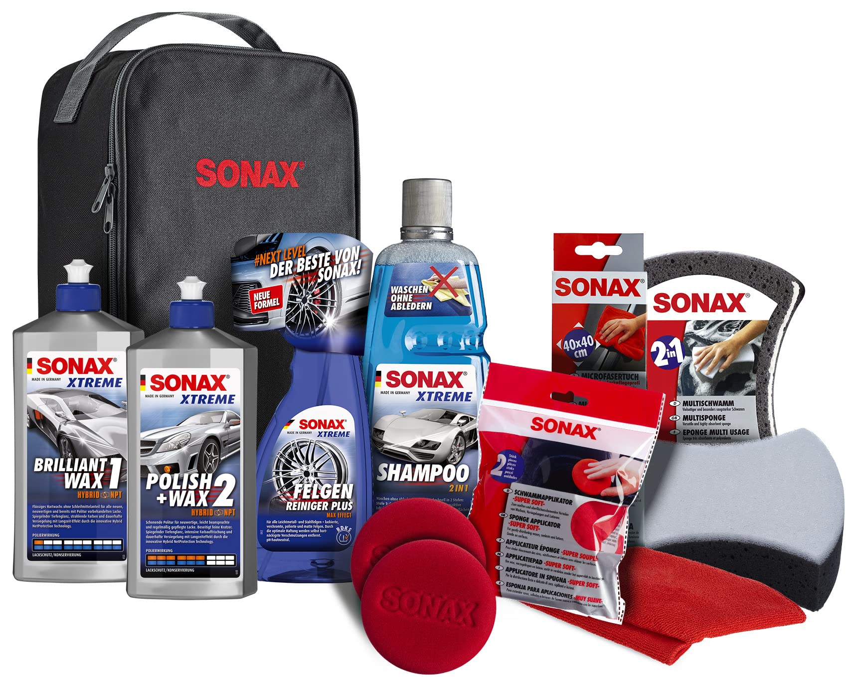 SONAX XTREME Autopflege Set inkl. Tasche (8-teilig); Autoreinigungs- & Pflegeset für den Fahrzeug-Außenbereich (Lack & Felgen), Art-Nr. 07615410 von SONAX