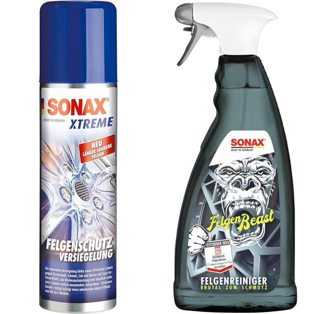 SONAX XTREME FelgenSchutzVersiegelung (250 ml) bildet einen effektiven Schutz gegen Bremsstaub & FelgenBeast (1 Liter) Felgenreiniger von SONAX