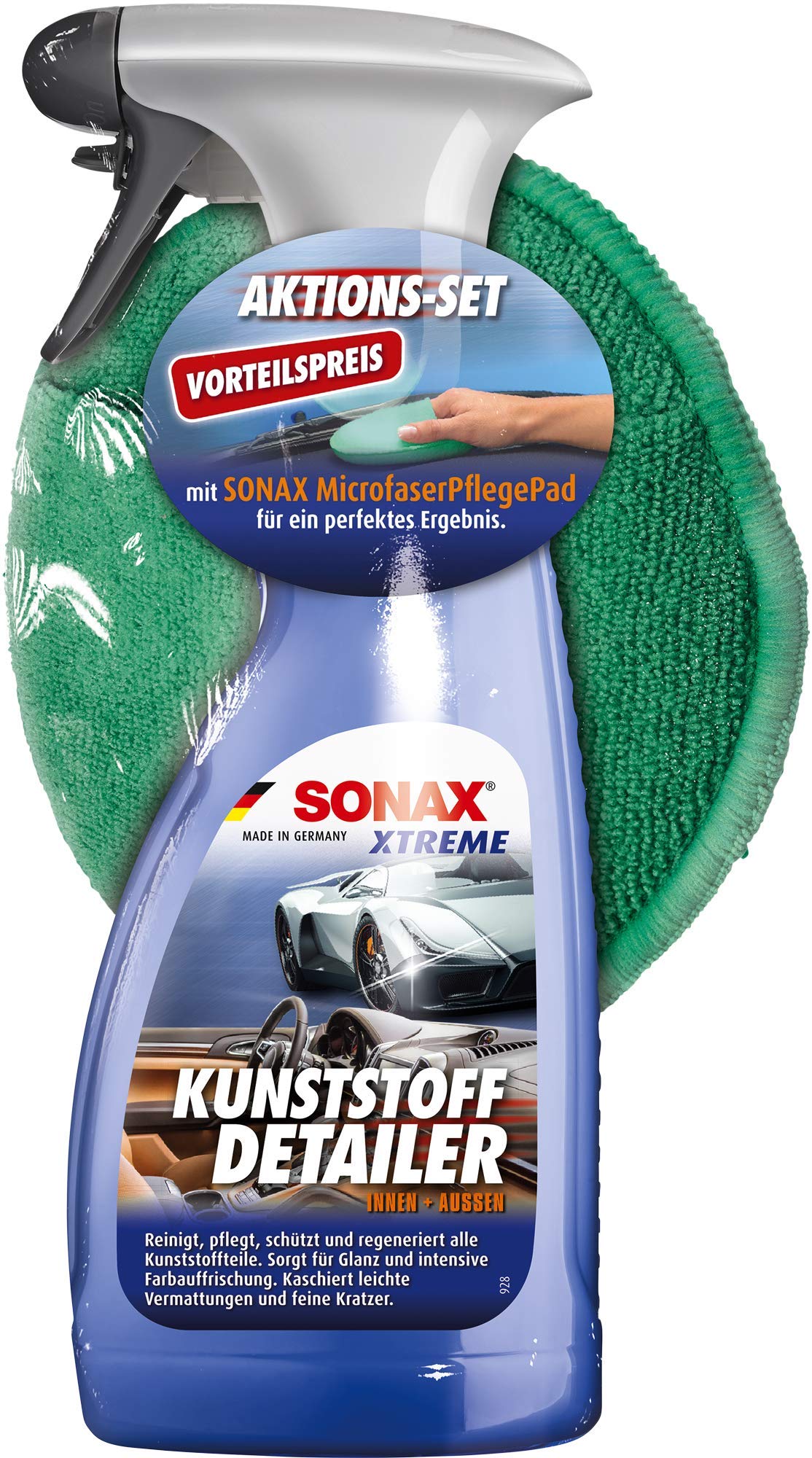 SONAX XTREME KunststoffDetailer Innen + Außen (500 ml) inkl. Microfaserpad - Kunststoffpflege-Set für das gesamte Fahrzeug | Art-Nr. 02558410 von SONAX
