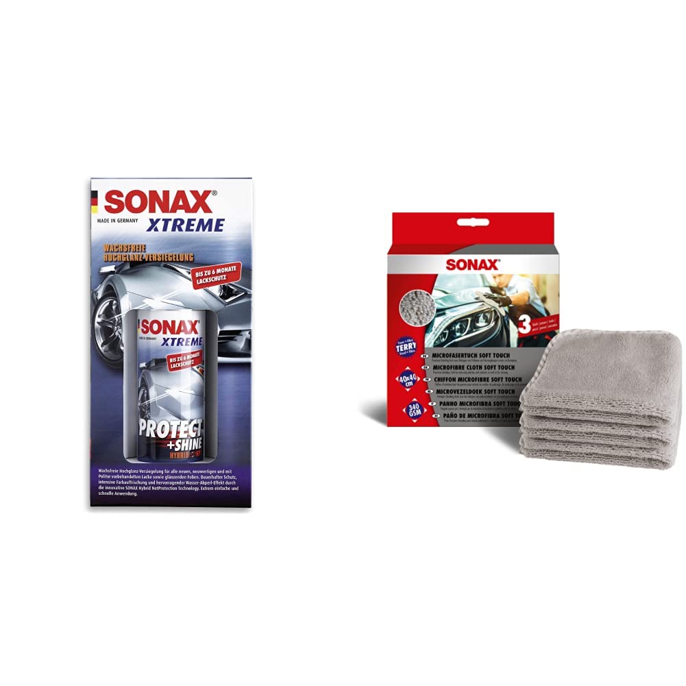 SONAX XTREME Protect+Shine Hybrid NPT (210 ml) wachsfreie Hochglanz-Versiegelung & MicrofaserTuch Soft Touch (3 Stück) leistungsfähiges Detailing-Tuch für Polituren, Versiegelungen von SONAX