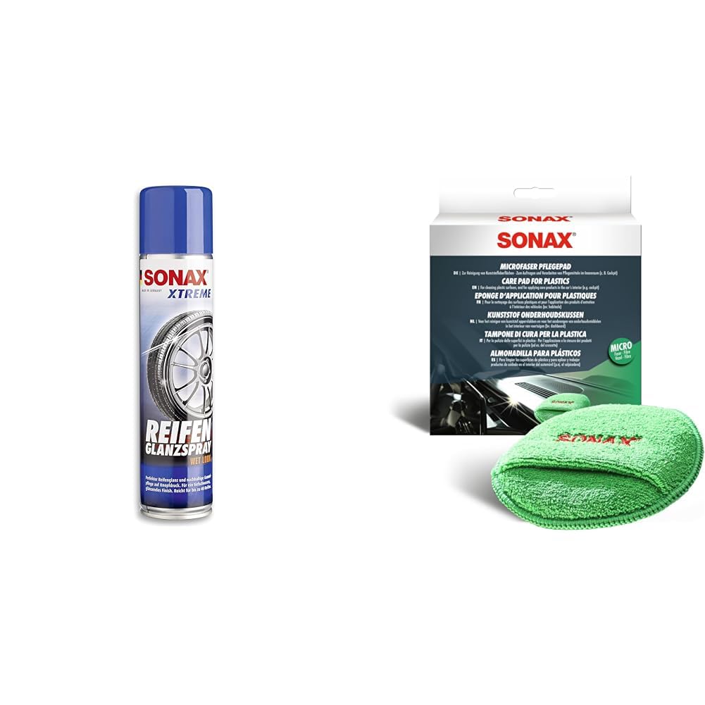 SONAX XTREME ReifenGlanzSpray Wet Look (400 ml) & MicrofaserPflegePad (1 Stück) für gleichmäßiges Auftragen von Kunststoffpflegemitteln im Innenraum und ein gründliches Ergebnis, Art-Nr. 04172000 von SONAX