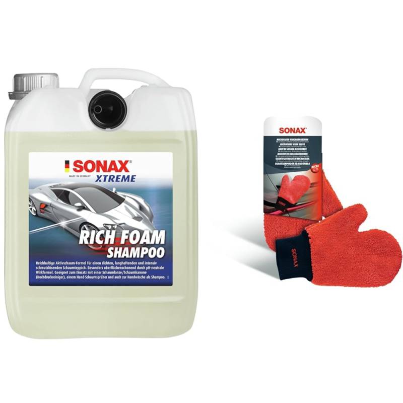 SONAX XTREME RichFoam Shampoo (5 Liter) & Microfaser WaschHandschuh (1 Stück) bequemer Handschuh von SONAX