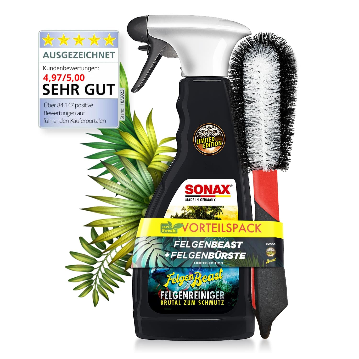 SONAX Felgenreinigung Set FelgenBeast Sonderedition (500ml) Premium Auto Felgenreiniger + MaxShine Felgenbürste - Für eine schonende & gründliche Reinigung für Alufelgen & Stahlfelgen | 2-teilig von SONAX