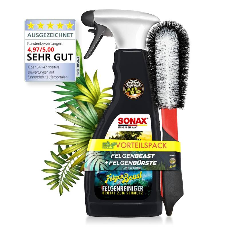 SONAX Felgenreinigung Set FelgenBeast Sonderedition (500ml) Premium Auto Felgenreiniger + MaxShine Felgenbürste - Für eine schonende & gründliche Reinigung für Alufelgen & Stahlfelgen | 2-teilig von SONAX