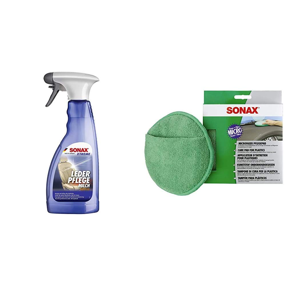 SONAX XTREME LederPflegeMilch (500 ml) Zur schonenden Reinigung & MicrofaserPflegePad (1 Stück) für gleichmäßiges Auftragen von Kunststoffpflegemitteln im Innenraum von SONAX
