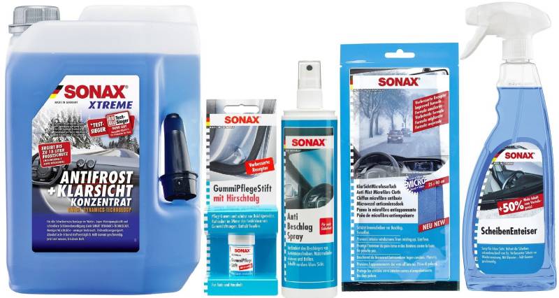 SONAX Xtreme Winter Set "groß" AntiFrost Konzentrat ScheibenEnteiser GummiPflege AntiBeschlag KlarSichtTuch von SONAX