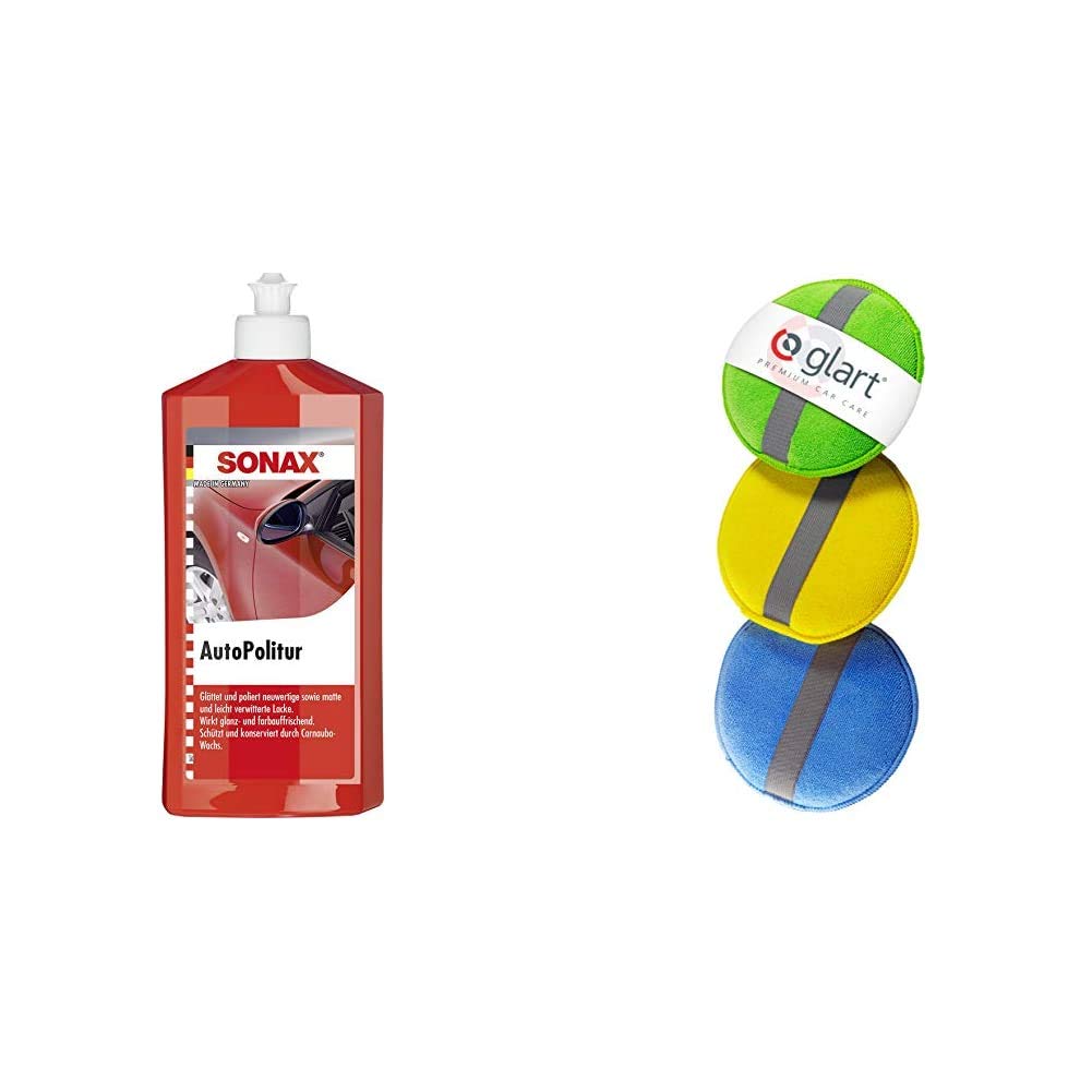 Sonax 300 200 Auto Politur 500ml & Glart 43PP Mikrofaser Handpolierschwamm 3er Set, 130x25 mm, Wax Applikator Pad für Wachse, Polituren, Lackreiniger, Autopolitur, statt Poliermaschine, Blau/Grün/Gelb Sonax 300 200 Auto Politur 500ml & Glart 43PP Mikrofaser Handpolierschwamm 3er Set, 130x25 mm, Wax Applikator Pad für Wachse, Polituren, Lackreiniger, Autopolitur, statt Poliermaschine, Blau/Grün/Gelb von SONAX