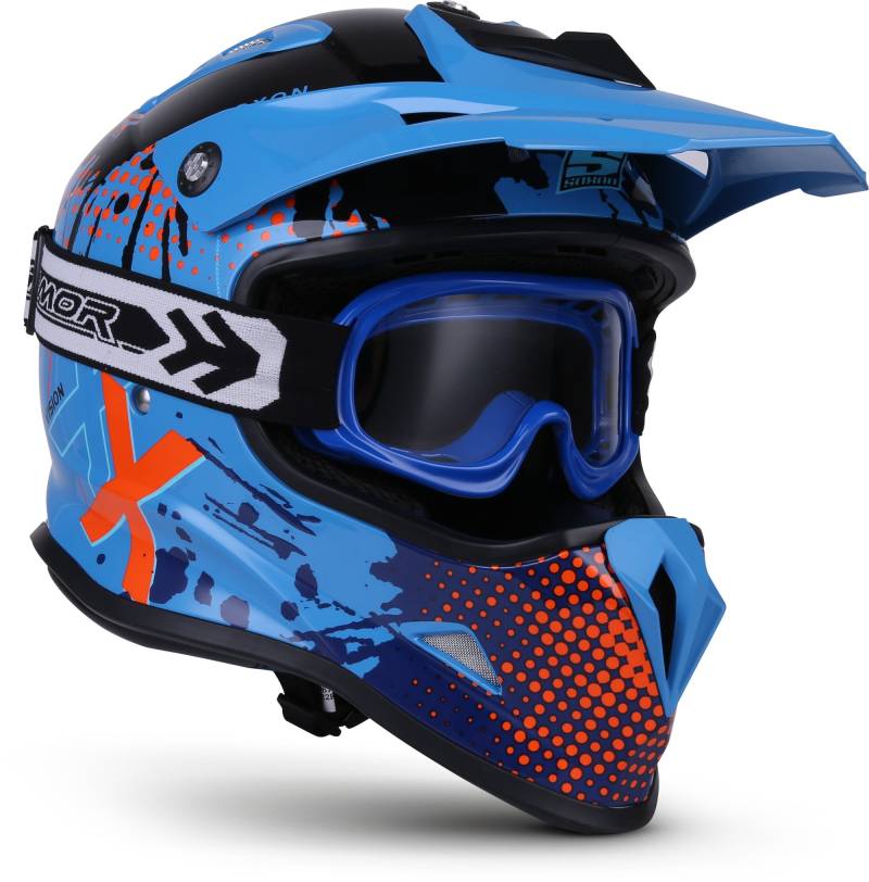 Soxon® SKC-33 Set „Fusion Blue“ · Kinder Cross-Helm · Motorrad-Helm MX Cross-Helm MTB BMX Cross-Bike Downhill Off-Road Enduro-Helm · ECE 22.05 Schnellverschluss SlimShell Tasche XS (51-52cm) von Soxon