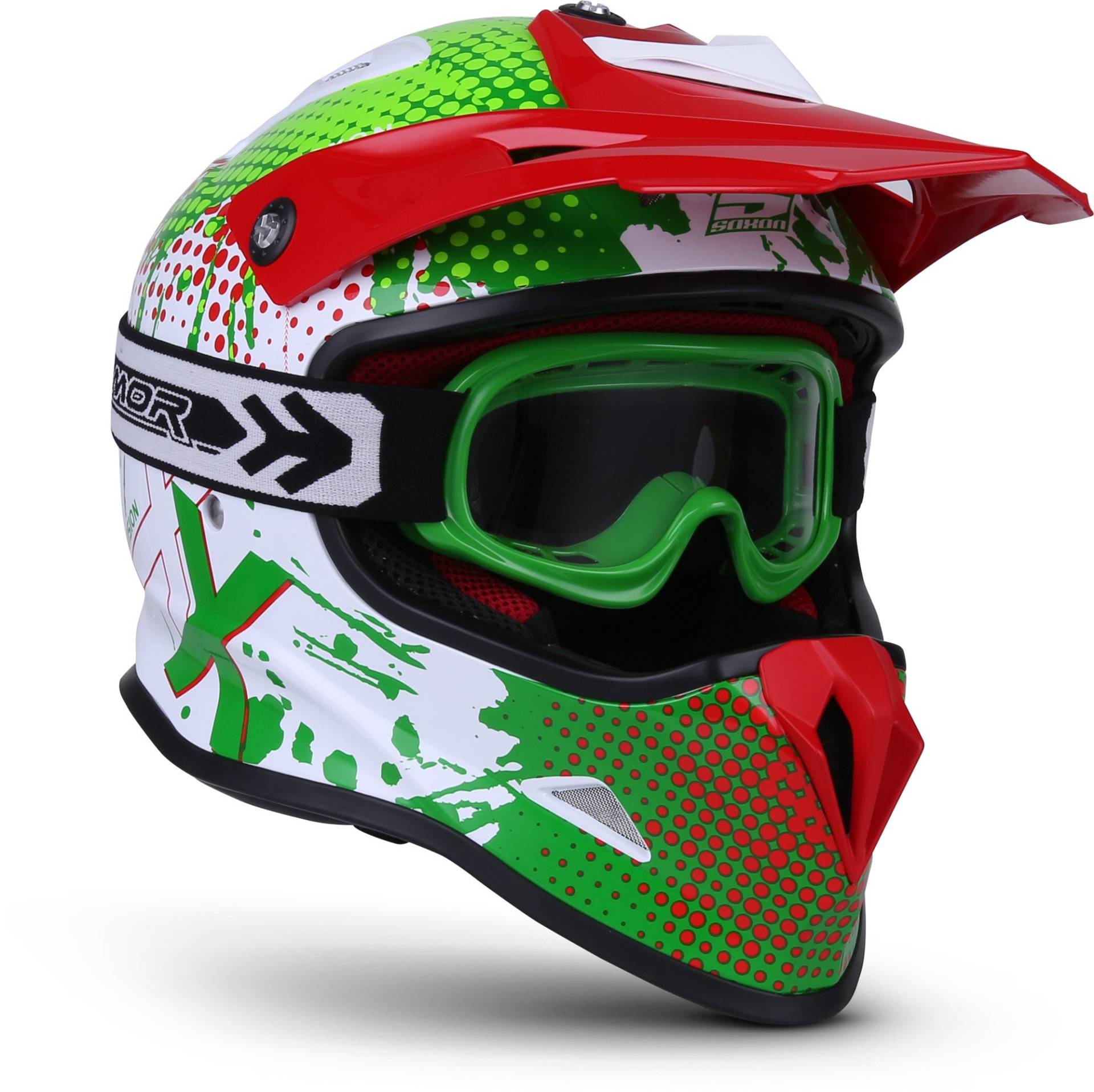 Soxon® SKC-33 Set „Fusion Green“ · Kinder Cross-Helm · Motorrad-Helm MX Cross-Helm MTB BMX Cross-Bike Downhill Off-Road Enduro-Helm · ECE 22.05 Schnellverschluss SlimShell Tasche S (53-54cm) von Soxon