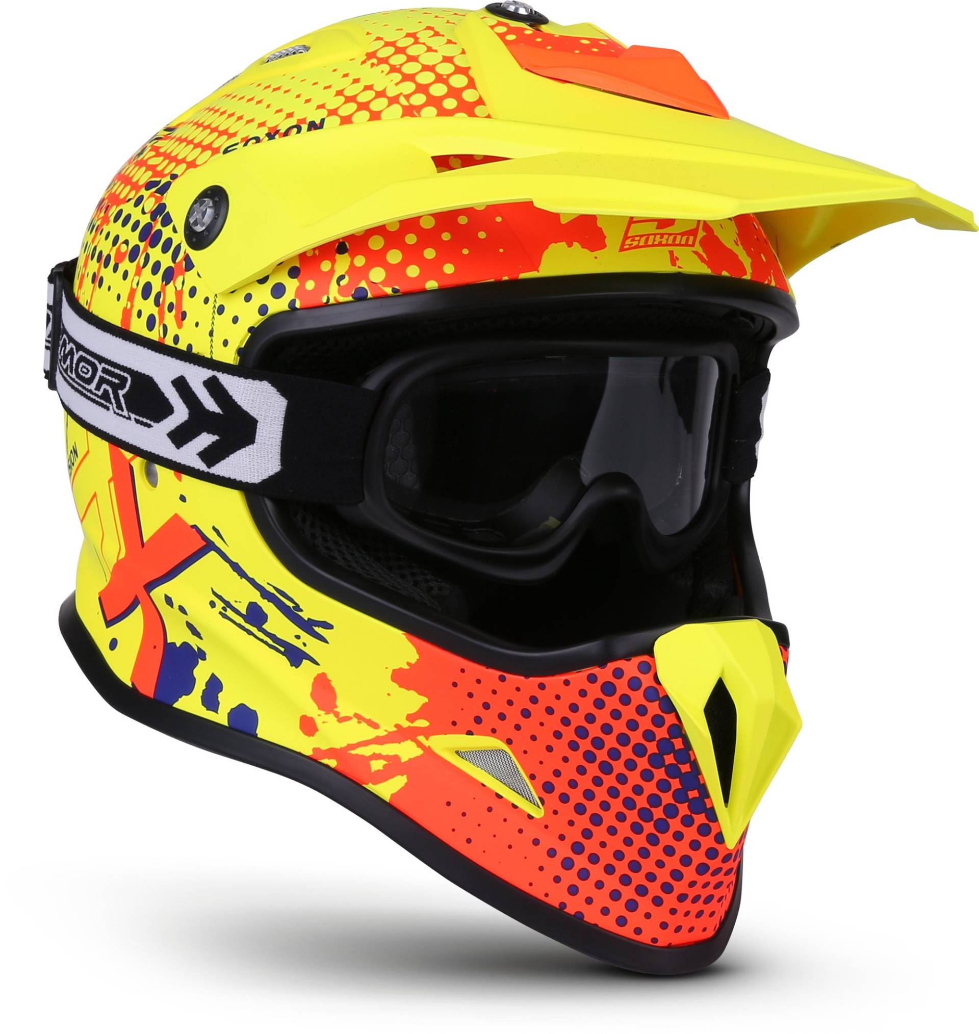 Soxon® SKC-33 Set „Fusion Neon“ · Kinder Cross-Helm · Motorrad-Helm MX Cross-Helm MTB BMX Cross-Bike Downhill Off-Road Enduro-Helm · ECE 22.05 Schnellverschluss SlimShell Tasche S (53-54cm) von Soxon