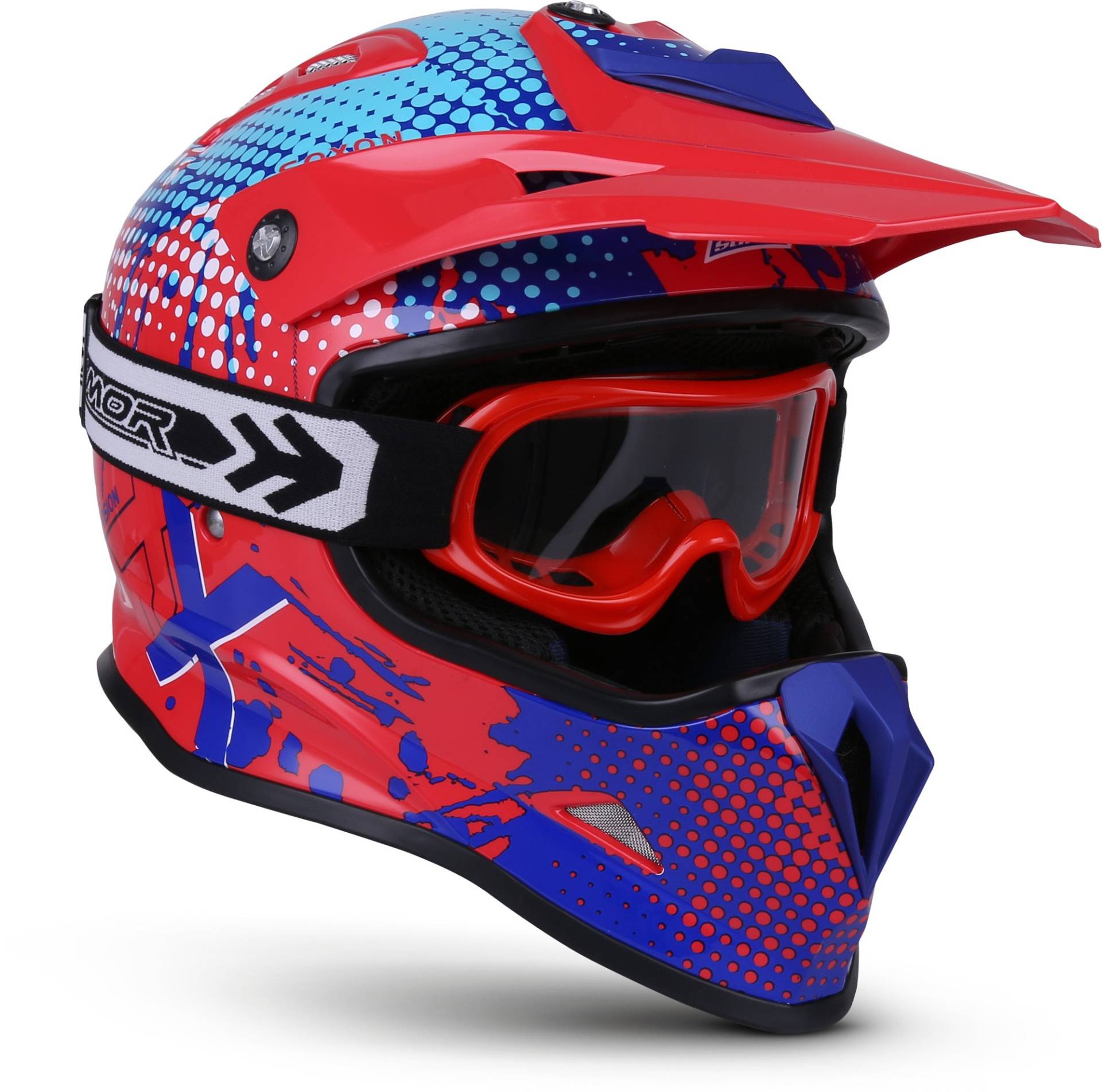 Soxon® SKC-33 Set „Fusion Red Blue“ · Kinder Cross-Helm · Motorrad-Helm MX Cross-Helm MTB BMX Cross-Bike Downhill Off-Road Sport · ECE 22.05 Schnellverschluss SlimShell Tasche XS (51-52cm) von Soxon