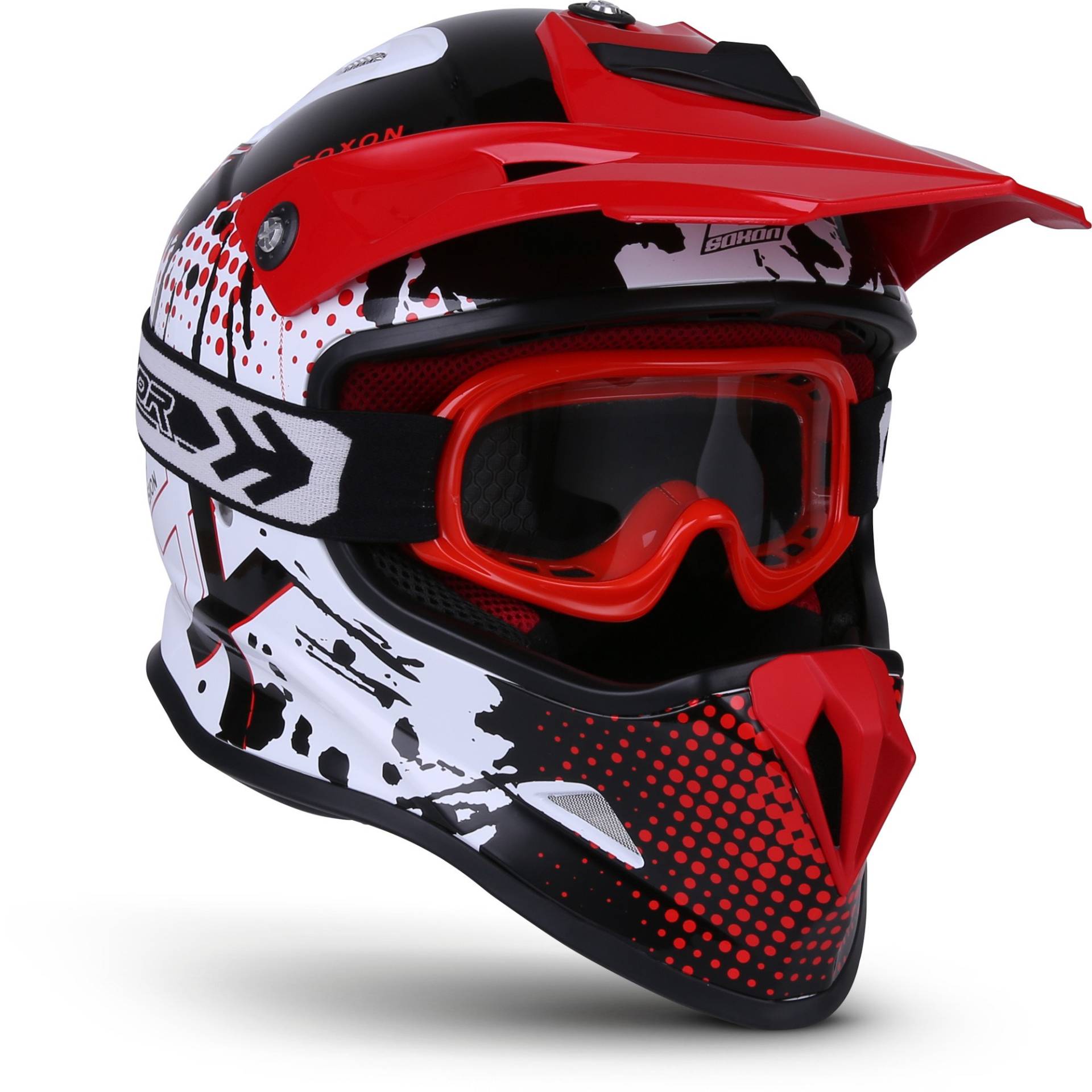 Soxon® SKC-33 Set „Fusion White Red“ · Kinder Cross-Helm · Motorrad-Helm MX Cross-Helm MTB BMX Cross-Bike Downhill Off-Road Sport · ECE 22.05 Schnellverschluss SlimShell Tasche XS (51-52cm) von Soxon