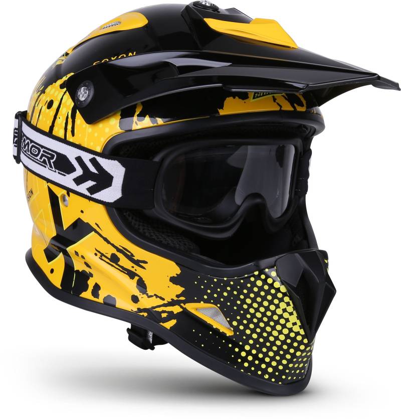 Soxon® SKC-33 Set „Fusion Yellow“ · Kinder Cross-Helm · Motorrad-Helm MX Cross-Helm MTB BMX Cross-Bike Downhill Off-Road Sport · ECE 22.05 Schnellverschluss SlimShell Tasche XS (51-52cm) von Soxon