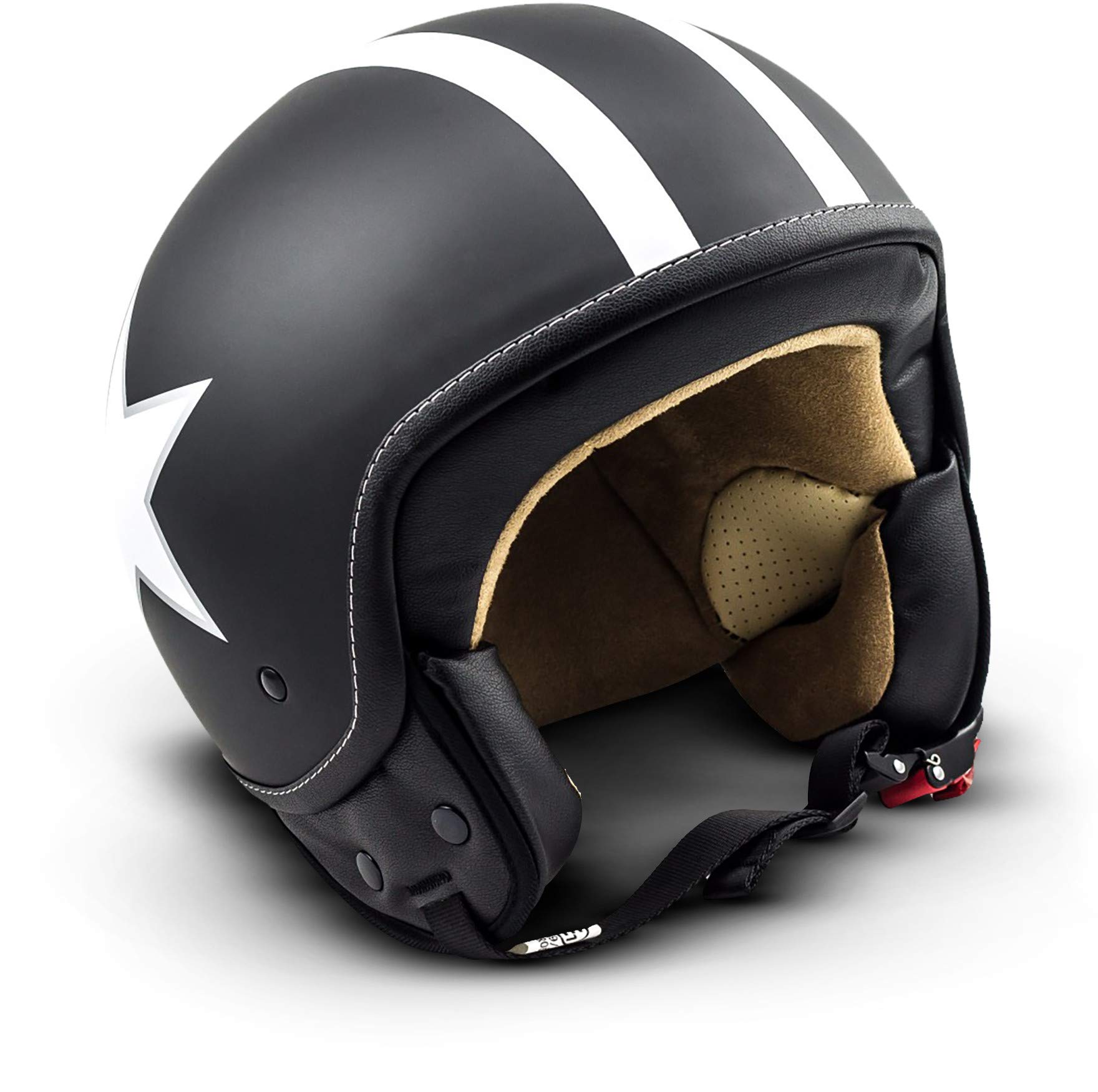 Soxon® SP-301 Star „Black“ · Jet-Helm · Motorrad-Helm Roller-Helm Scooter-Helm Moped Mofa-Helm Chopper Retro Vespa Vintage Pilot Biker Helmet Brille · ECE 22.05 Schnellverschluss Tasche XS (53-54cm) von Soxon