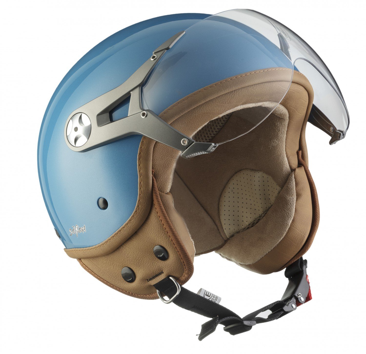 Soxon® SP-325 Mono „Crystal Blue“ · Jet-Helm · Motorrad-Helm Roller-Helm Scooter-Helm Moped Mofa-Helm Chopper Retro Vespa Vintage Pilot Biker · ECE 22.05 Visier Schnellverschluss Tasche XL (61-62cm) von Soxon