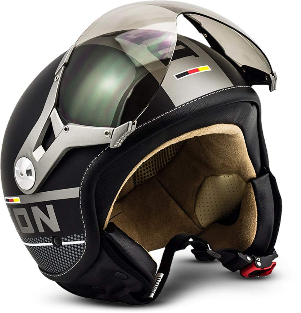 Soxon® SP-325 Plus „Black“ · Jet-Helm · Motorrad-Helm Roller-Helm Scooter-Helm Moped Mofa-Helm Chopper Retro Vespa Vintage Pilot Biker Helmet · ECE 22.05 Visier Schnellverschluss Tasche L (59-60cm) von Soxon