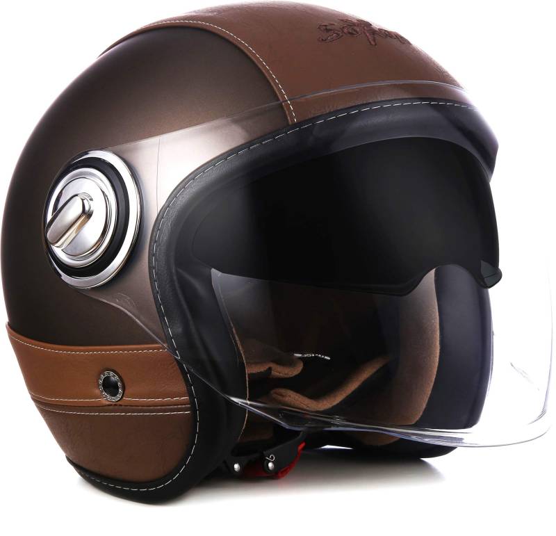 Soxon® SP-888 Pro „Urban Bronze“ · Jet-Helm · Motorrad-Helm Roller-Helm Scooter-Helm Moped Mofa-Helm Chopper · ECE 22.05 Sonnenvisier Leather-Design Schnellverschluss SlimShell Tasche M (57-58cm) von Soxon