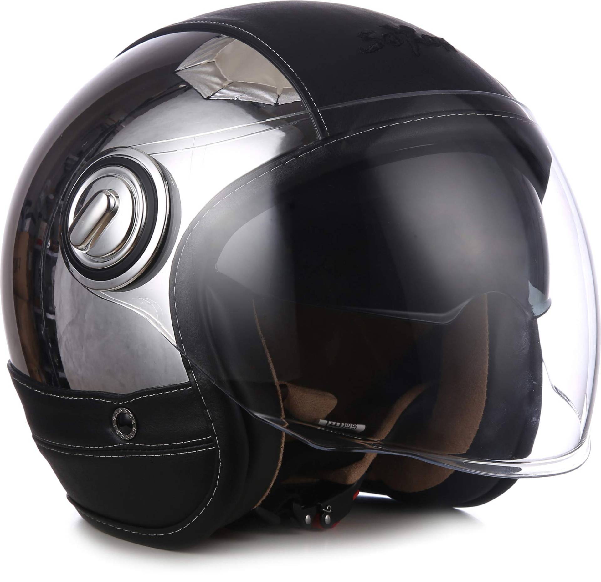 SOXON® SP-888 Pro „Urban Chrome“ · Jet-Helm · Motorrad-Helm Roller-Helm Scooter-Helm Moped Mofa-Helm Chopper · ECE 22.05 Sonnenvisier Leather-Design Schnellverschluss SlimShell Tasche XS (53-54cm) von SOXON