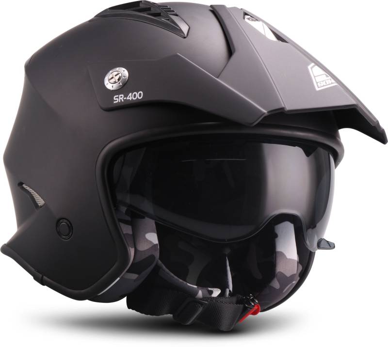 Soxon® SR-400 Mono „Black“ · Jet-Helm · Motorrad-Helm Roller-Helm Scooter-Helm Moped Mofa-Helm Chopper Retro Vespa Vintage · ECE 22.05 Sonnenvisier Schnellverschluss Tasche XS (53-54cm) von Soxon